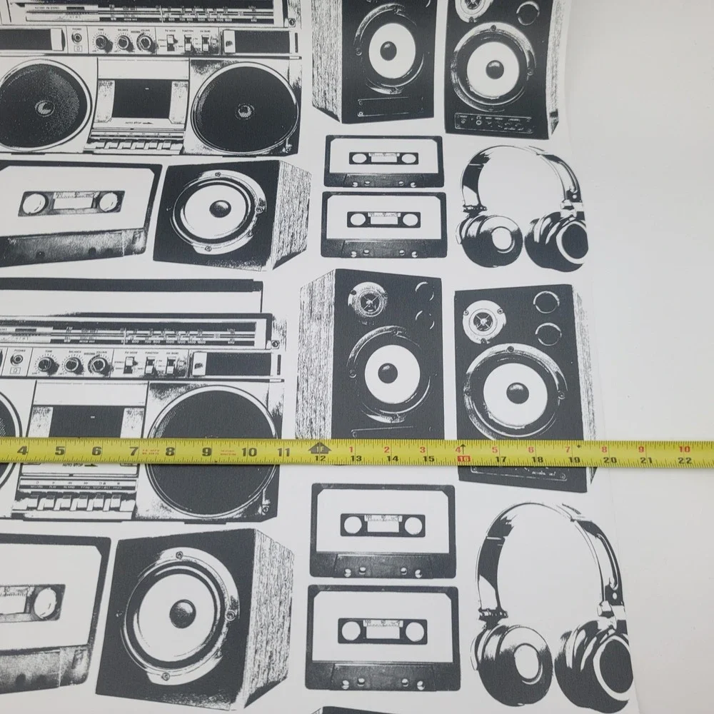 Retro Boombox Cassette Peel and Stick Wallpaper‎ Black White Music Studio Decor